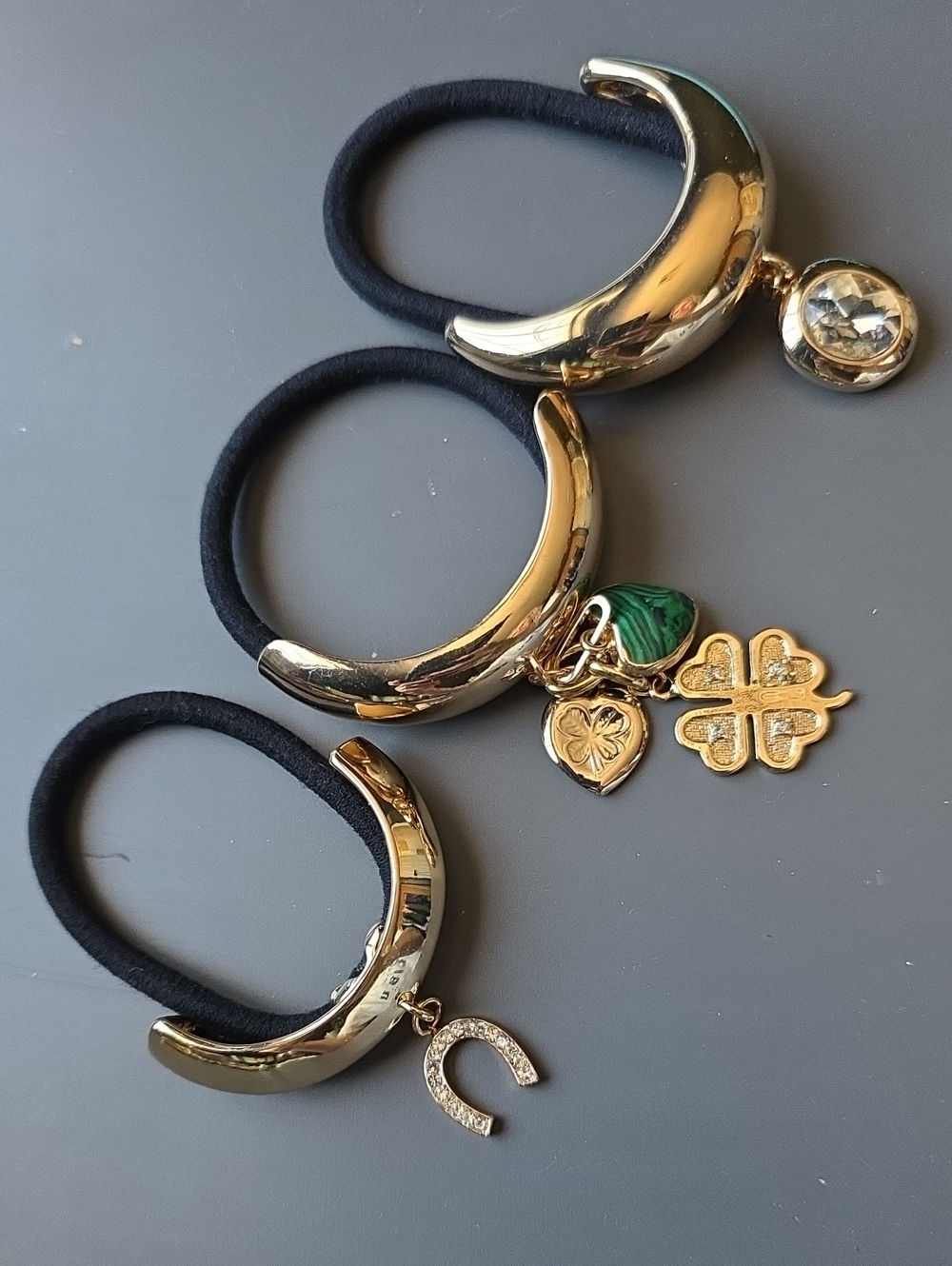 Anthropologie Gold-Tone Charm Hair Tie Set with Black Bands and Green Accent